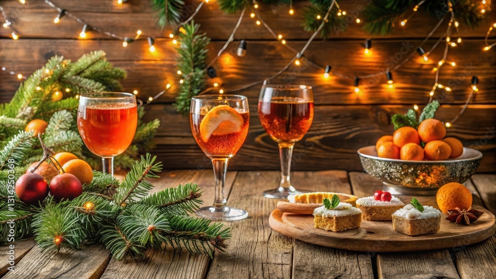 Winter festive table setting with Aperol Spritz and seasonal desserts on a wooden table, surrounded by evergreen branches and twinkling fairy lights, evergreen branches, seasonal treats Winter festive table setting with Aperol Spritz and seasonal desserts on a wooden table, surrounded by evergreen branches and twinkling fairy lights, evergreen branches, seasonal treats