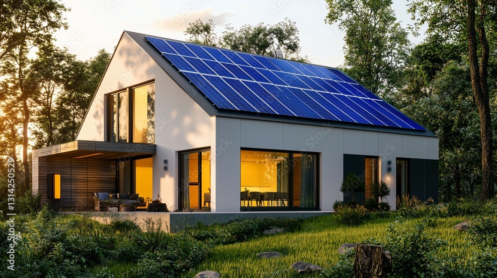 Modern house with blue solar panels under warm sunset, blending sustainability with serene beauty. Modern house with blue solar panels under warm sunset, blending sustainability with serene beauty.