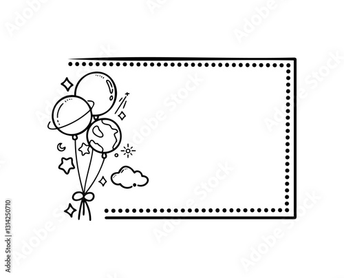 A sky-themed colorful balloon frame featuring planets, stars and clouds for a festive celebration