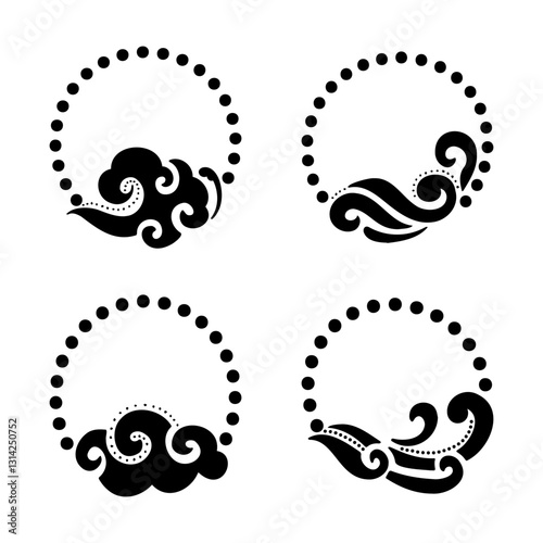 Black and white wave decorative motif with circular dot pattern on white background