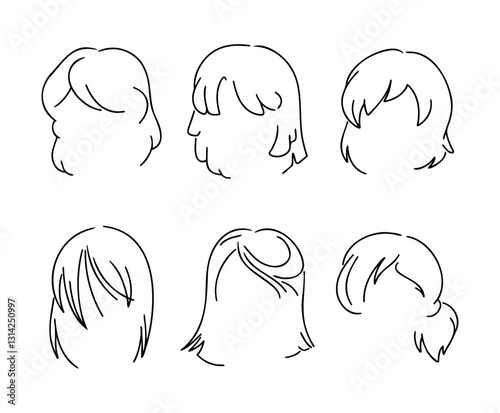 Various hairstyles are depicted in faceless illustrations with varying hairstyles in simple styles