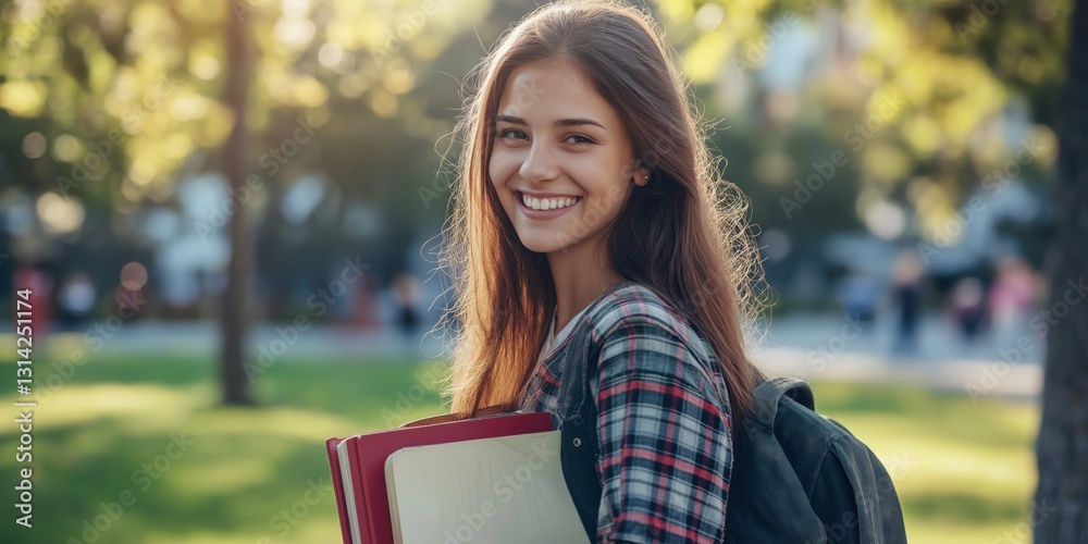 Fototapeta premium A young woman is smiling and holding a backpack with books in it. She looks happy and content