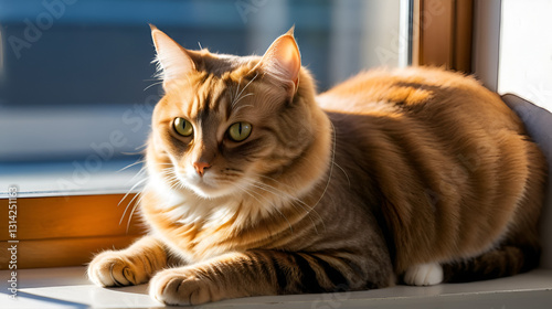 A relaxed Manx cat curled up on a windowsill, its tailless form highlighted by the soft glow of sunlight streaming through the glass.