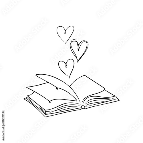 Open book with floating hearts expressing love for reading and literature