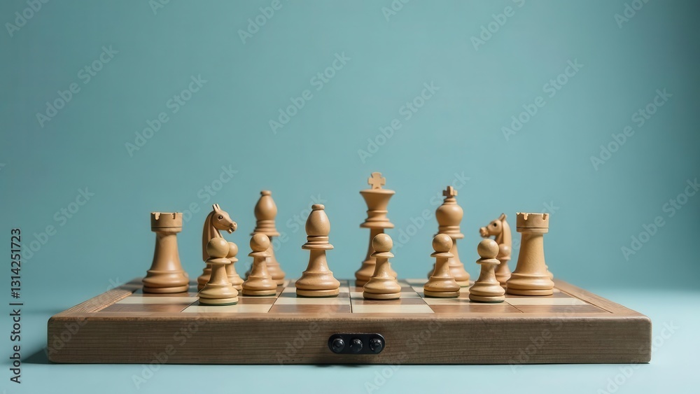 A Wooden Chessboard Displaying a Strategic Formation of Light-Colored Pieces, Ready for an Intellectual Contest