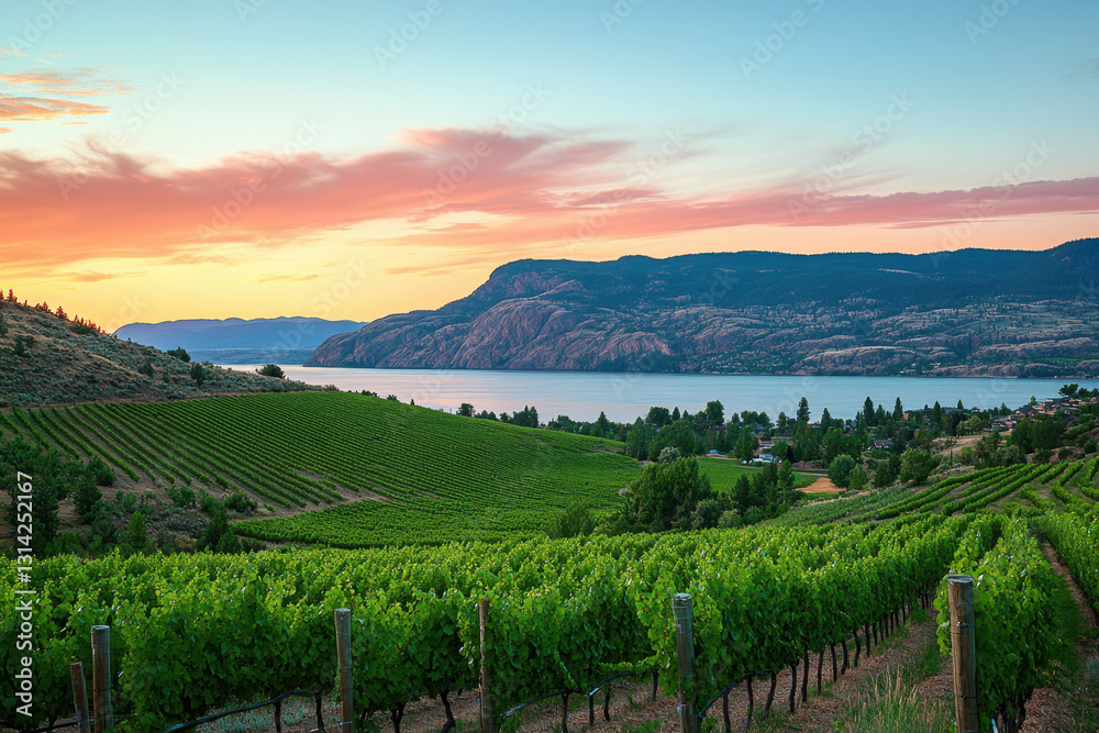 Naklejka premium Breathtaking sunset over verdant vineyard and tranquil lake, framed by rolling hills and vibrant skies, creating a serene landscape of natural beauty and lush greenery.