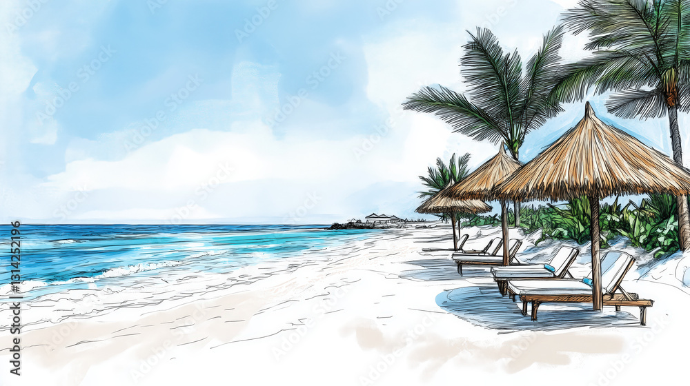 Tropical island resort, white sand beach with palm trees, flat illustration, perfect summer vacation travel destination, summer vacation travel poster, tourism poster Tropical island resort, white sand beach with palm trees, flat illustration, perfect summer vacation travel destination, summer vacation travel poster, tourism poster