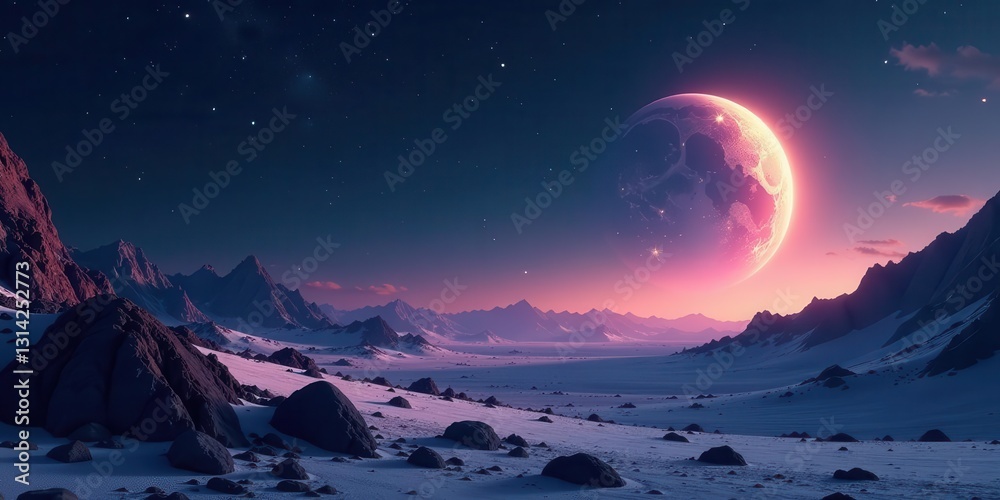 A Serene Alien Landscape Featuring a Glowing Celestial Body Rising Over a Snowy Mountain Range at Dusk A Serene Alien Landscape Featuring a Glowing Celestial Body Rising Over a Snowy Mountain Range at Dusk