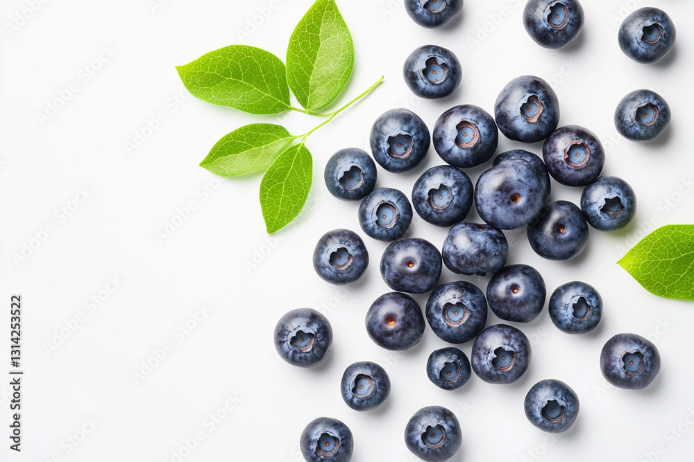 Fresh blueberries with blueberry leaves isolated on white background. Top view. Fresh blueberries with blueberry leaves isolated on white background. Top view.