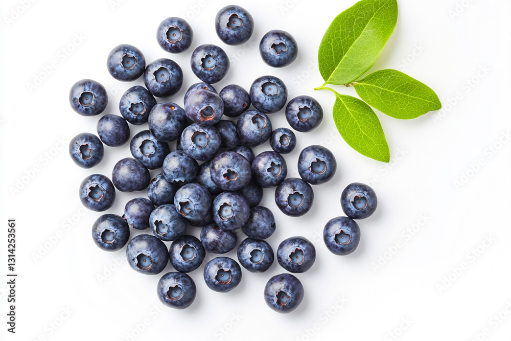 Fresh blueberries with blueberry leaves isolated on white background. Top view. Fresh blueberries with blueberry leaves isolated on white background. Top view.