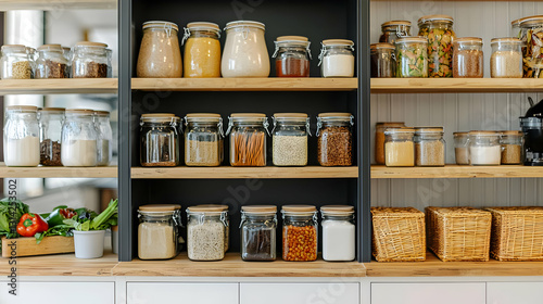 Wallpaper Mural Organized Modern Kitchen Pantry With Glass Jars Filled With Various Food Ingredients On Wooden Shelves Promoting Healthy Eating And Sustainable Torontodigital.ca