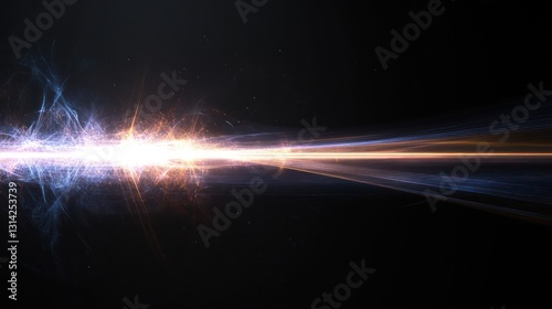 Abstract energy beam radiating a powerful glow horizontally against a black background.