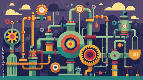 An intricate network of pipes valves and turbines resembling a giant mechanical organism.. Vector illustration