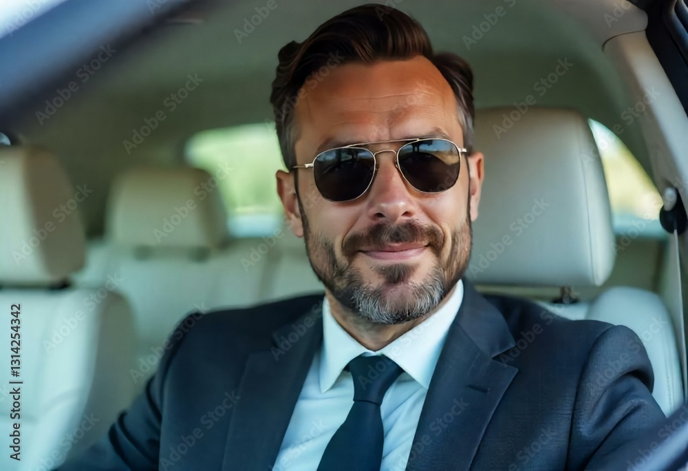 A Stylish Caucasian Man with Sunglasses and White Hair Driving a Luxury Car with White Leather Seats A Stylish Caucasian Man with Sunglasses and White Hair Driving a Luxury Car with White Leather Seats
