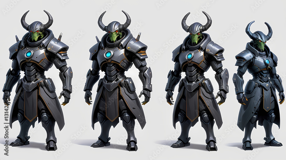 four futuristic robots in different metallic suits and helmets four futuristic robots in different metallic suits and helmets