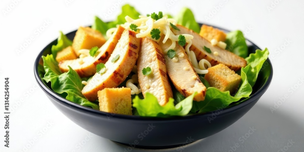 A delicious and healthy grilled chicken salad with croutons and fresh lettuce in a dark bowl A delicious and healthy grilled chicken salad with croutons and fresh lettuce in a dark bowl