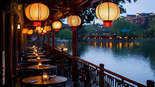 Asian restaurant patio at twilight by lake