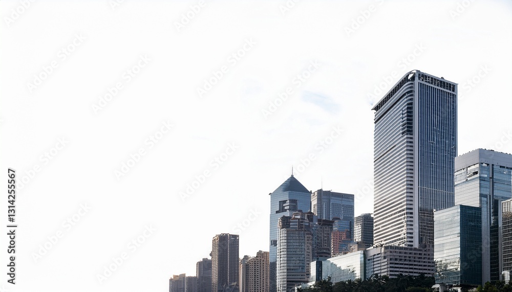 고층 빌딩 실루엣과 작은 구름이 배치된 도시 풍경