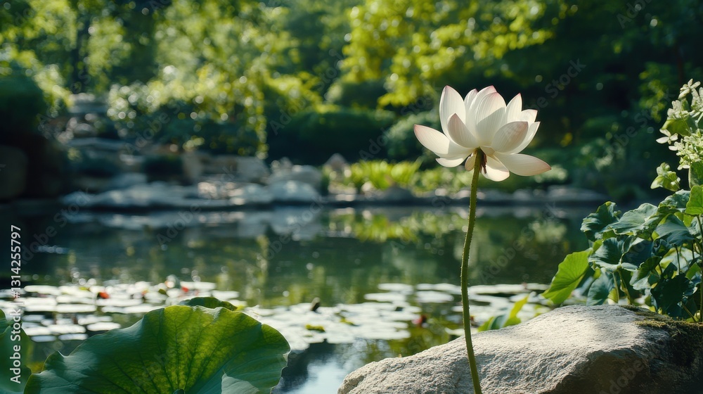 Elegant White Lotus Flower Against Serene Garden Pond with Lush Greenery Surrounding Tranquil Water Scene Elegant White Lotus Flower Against Serene Garden Pond with Lush Greenery Surrounding Tranquil Water Scene