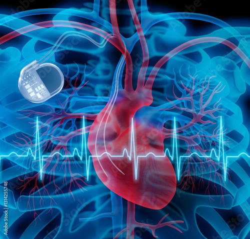 Heart with cardiac pacemaker with ECG graph against blue background conceptual artwork-3d illustration