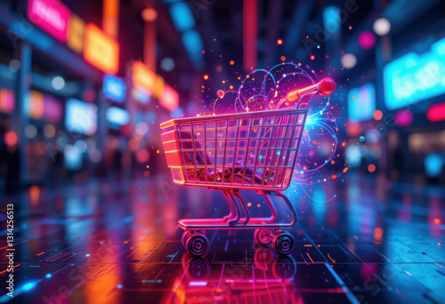 Concepto de mercado digital, carrito de compras de neón, fondo cibernético abstracto con partículas de datos flotantes y efectos de iluminación futuristas

