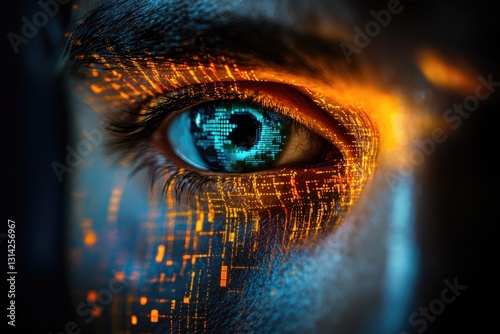 A close-up of an eye with digital code reflecting in the pupil, illuminated by warm and cool light.