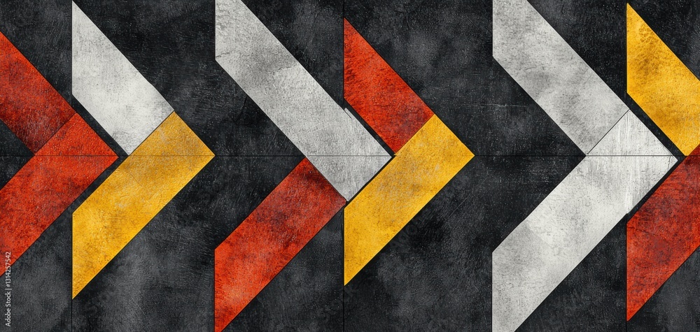 Fototapeta premium A vibrant abstract pattern featuring arrows in red, yellow, white, and gray against a dark background.