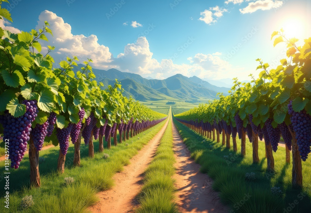 Naklejka premium vibrant vineyard landscape featuring sun drenched grape vines surrounded lush green hills clear blue skies, agriculture, sunlight, nature, field, outdoor