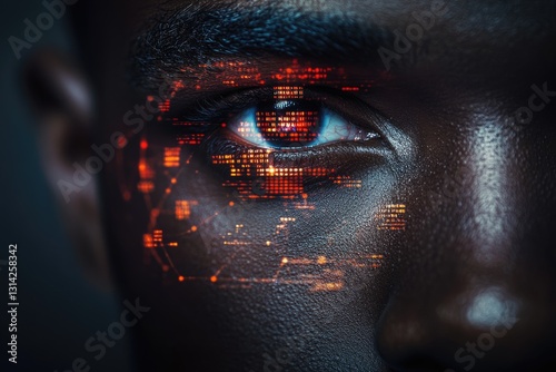 A close-up of a person's eye with futuristic orange digital data overlayed, suggesting technological advancement or human augmentation.