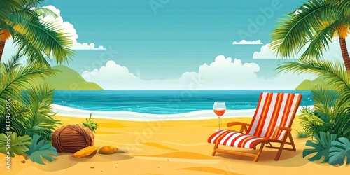 Tropical Beach Scene with Lounge Chair Cocktail Palm Trees and Summer Elements