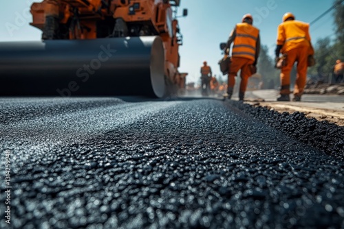 Close up of workers laying asphalt on a construction site with paving machine in background photo