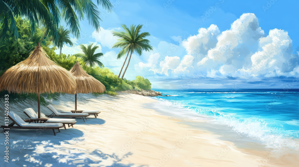 Tropical island resort, white sand beach with palm trees, flat illustration, perfect summer vacation travel destination, summer vacation travel poster, tourism poster Tropical island resort, white sand beach with palm trees, flat illustration, perfect summer vacation travel destination, summer vacation travel poster, tourism poster