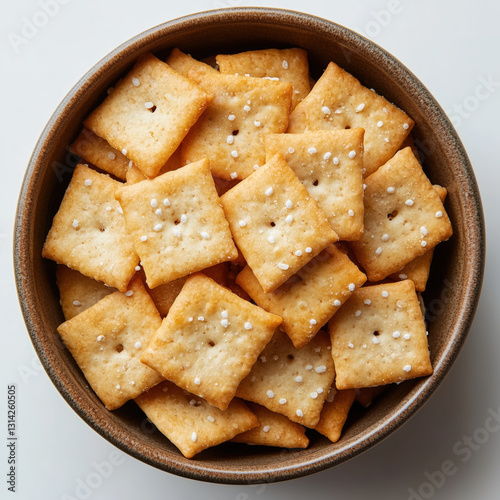 Close-up of a bowl filled with golden brown crackers, each one generously sprinkled with tiny white seeds, set against a neutral background.