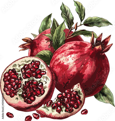 Old botanical illustration of pomegranate, isolated fruit on transparent background, hand-drawn vintage artwork, nature illustration, antique botanical art, pomegranate fruit sketch