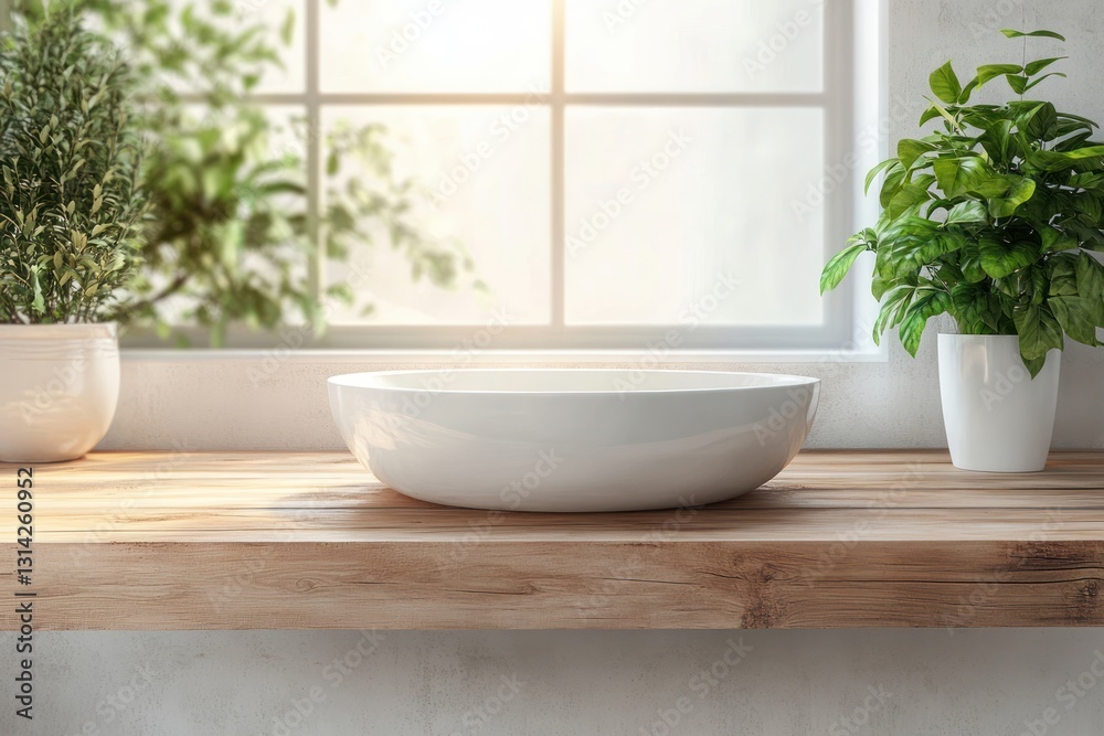 Fototapeta premium Minimalistic Blurred Bathroom Scene with Wooden Countertop and Natural Light