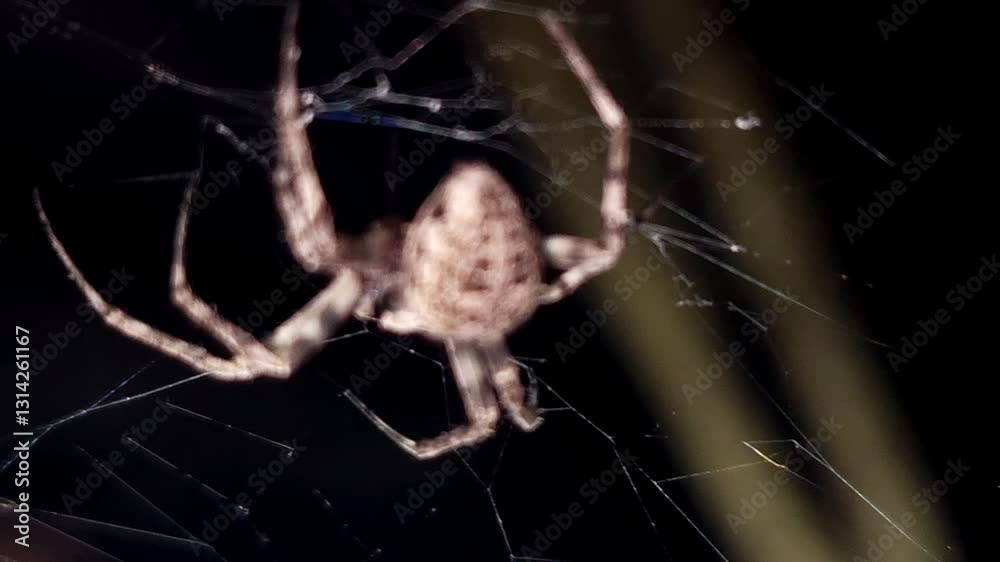 A large orb spider is crawling on its sticky web in the dark background. Insect in nature, Beautiful Cinematic close-up background, micro animal wildlife macro close up shot