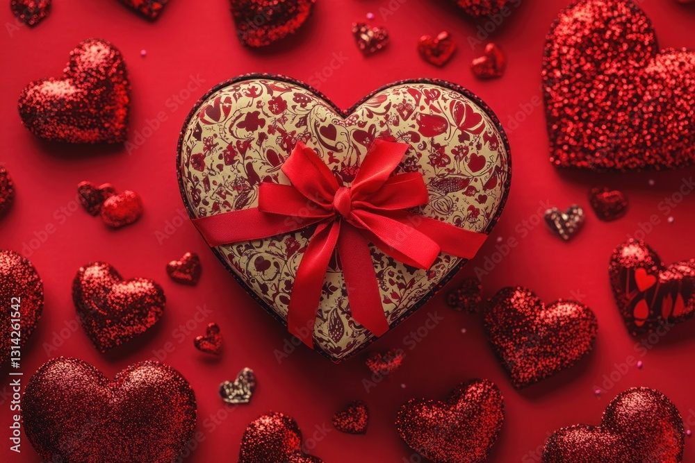 Valentine's Day Romantic Flat Lay with Heart Gift Box Red Hearts on Red Background Top View Valentine's Day Romantic Flat Lay with Heart Gift Box Red Hearts on Red Background Top View
