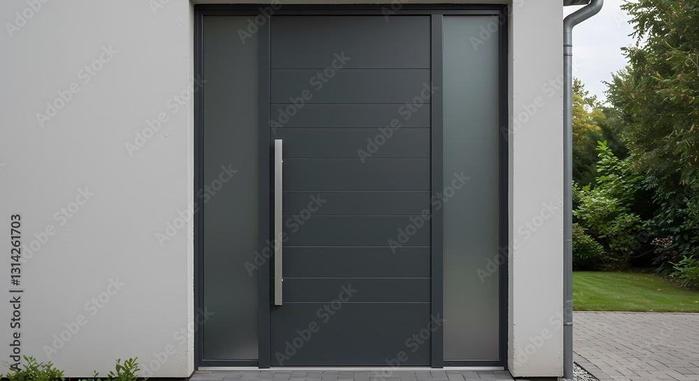 Fototapeta premium Open door in a modern building hallway with metal and glass details, leading to an empty office space