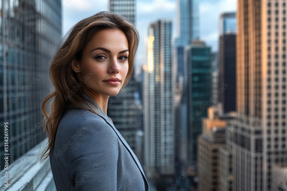 Confident businesswoman stands on a rooftop overlooking a cityscape, showcasing ambition and success. Confident businesswoman stands on a rooftop overlooking a cityscape, showcasing ambition and success.