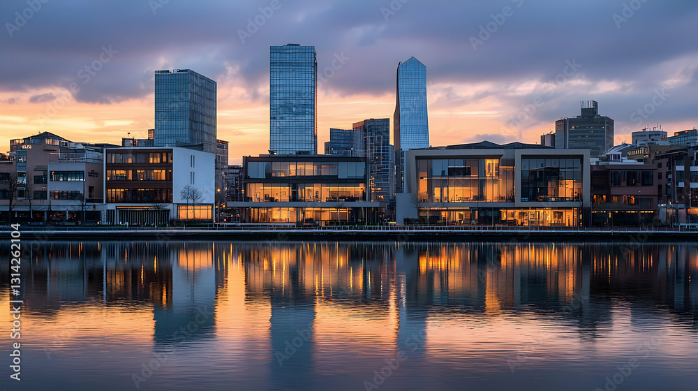 Fototapeta premium Toronto Waterfront Cityscape at Dusk with Modern Buildings and River Reflection under Scenic Sunset Illuminated Sky