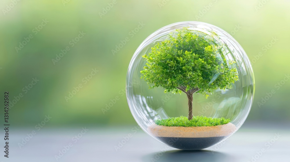 Vibrant Green Tree Encased Within A Transparent Glass Sphere Against A Softly Blurred Green Backdrop Vibrant Green Tree Encased Within A Transparent Glass Sphere Against A Softly Blurred Green Backdrop