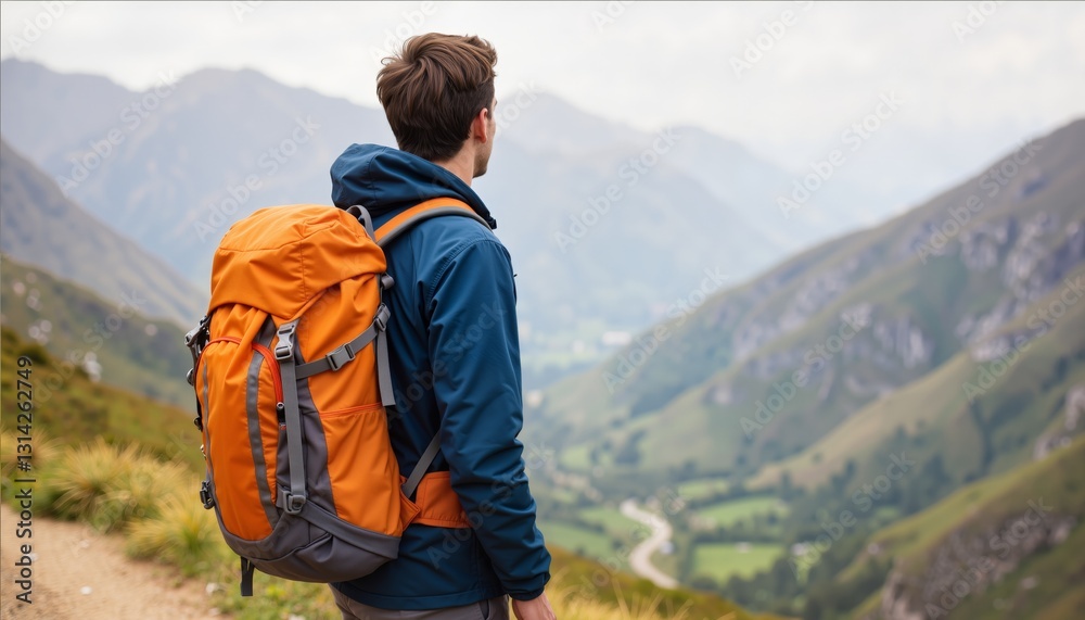 Naklejka premium Contemplative hiker admiring valley view on overcast day, adventure spirit