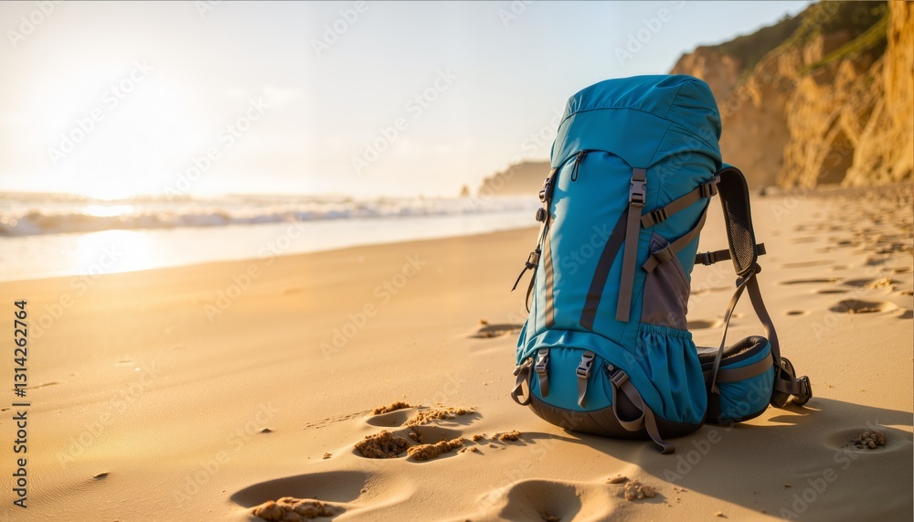 Ultralight hiking bag resting on sandy beach at dawn, adventurous spirit Ultralight hiking bag resting on sandy beach at dawn, adventurous spirit