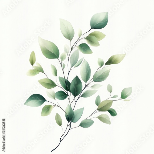 Watercolor Illustration of Botanical Leaves and Delicate Green Branches for Greeting Cards Invitations and Summer Decor