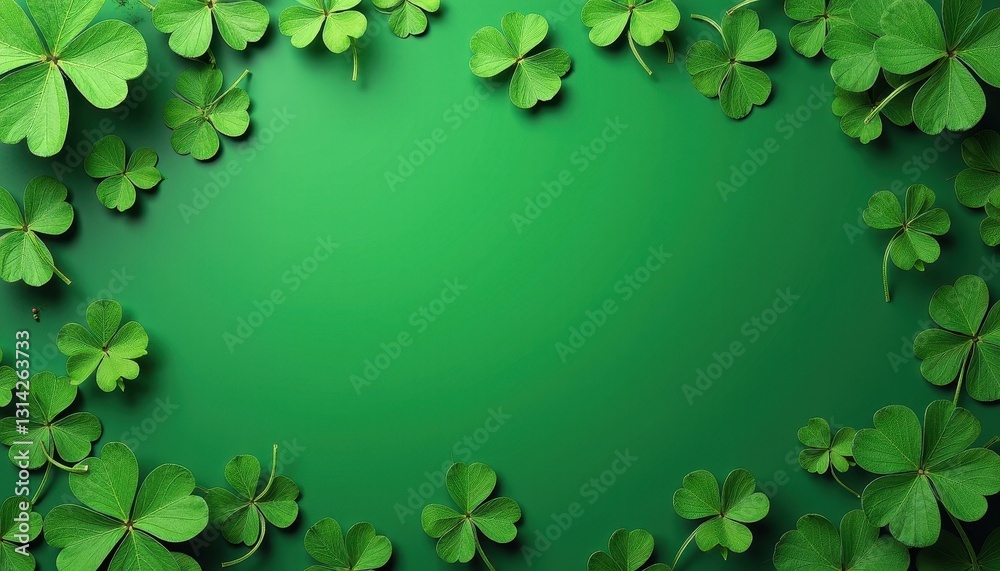 Vibrant St. Patrick's Day Display: Green Clover Leaves on a Rich Green Background. A frame of clover leaves on a green background.