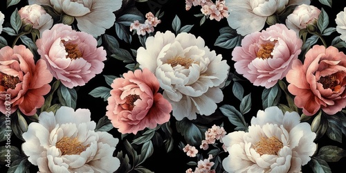 Fototapeta Naklejka Na Ścianę i Meble -  Seamless Vintage Floral Pattern Peonies Roses Watercolor Dark Background Botanical Art