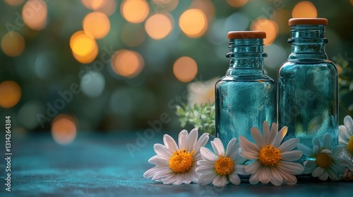 Teal glass bottles with chamomile flowers and bokeh background
