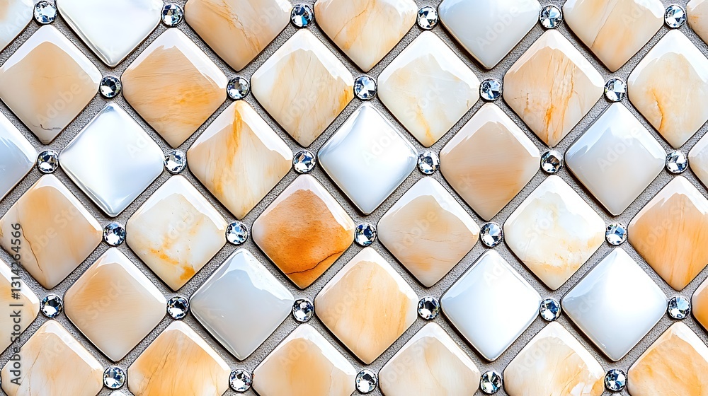 Fototapeta premium Elegant Diamond Pattern Beige and White Tiles with Crystal Accents Luxury Wall Decor Texture