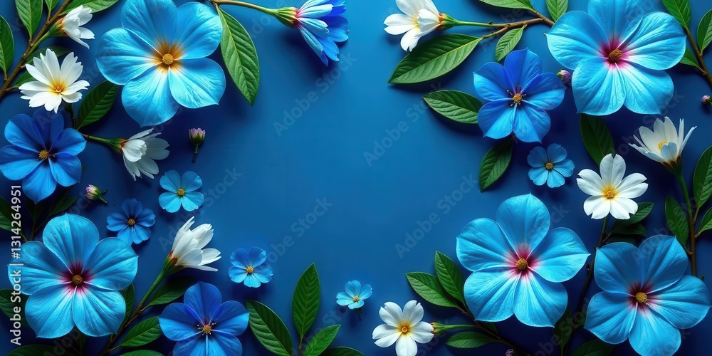 Obraz premium Vibrant Blue and White Floral Arrangement on a Deep Blue Background, Creating a Stunning and Elegant Composition Perfect for Invitations, Cards, or Decorative Purposes