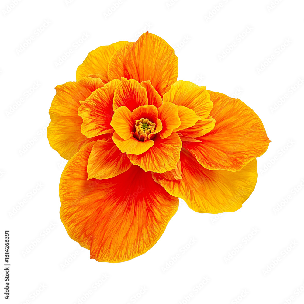 Vibrant orange and yellow begonia with overlapping petals radiating tropical beauty on a clean white background Vibrant orange and yellow begonia with overlapping petals radiating tropical beauty on a clean white background